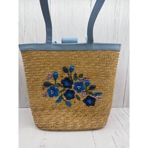 Woven Straw Bag Blue Flower Beading Embroidery White Stag Vtg Boho Cottage